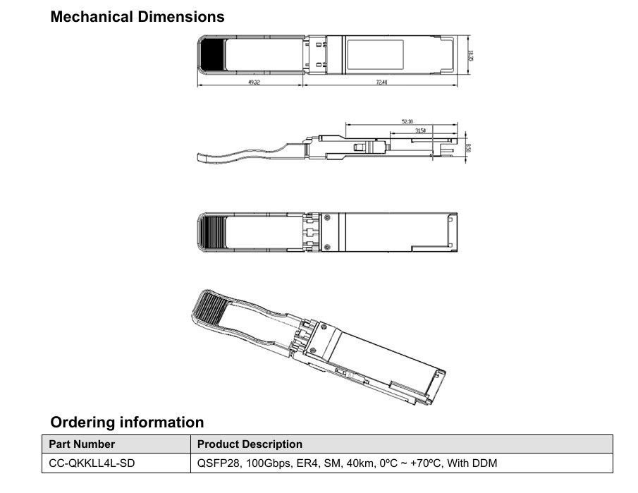 একক 3.3 ভোল্ট পাওয়ার সোর্স 100 জিবিবেস QSFP28 ER4 40KM ফাইবার অপটিক সরঞ্জাম আপনার প্রয়োজনীয়তার জন্য ডুপ্লেক্স এলসি অপটিক ট্রান্সিভার মডিউল